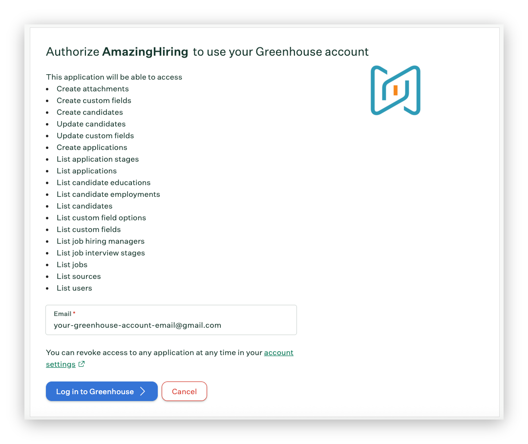Greenhouse login screen in AmazingHiring connection window