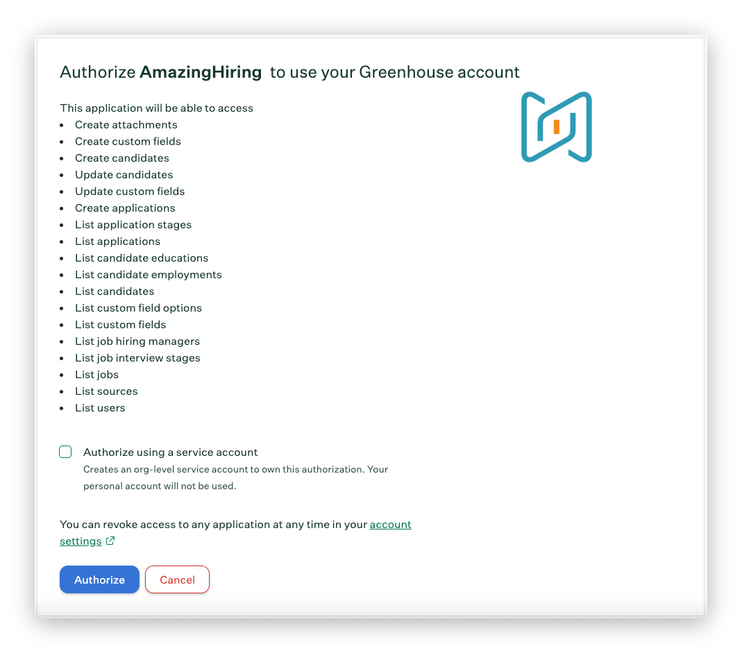 Authorize AmazingHiring to access Greenhouse