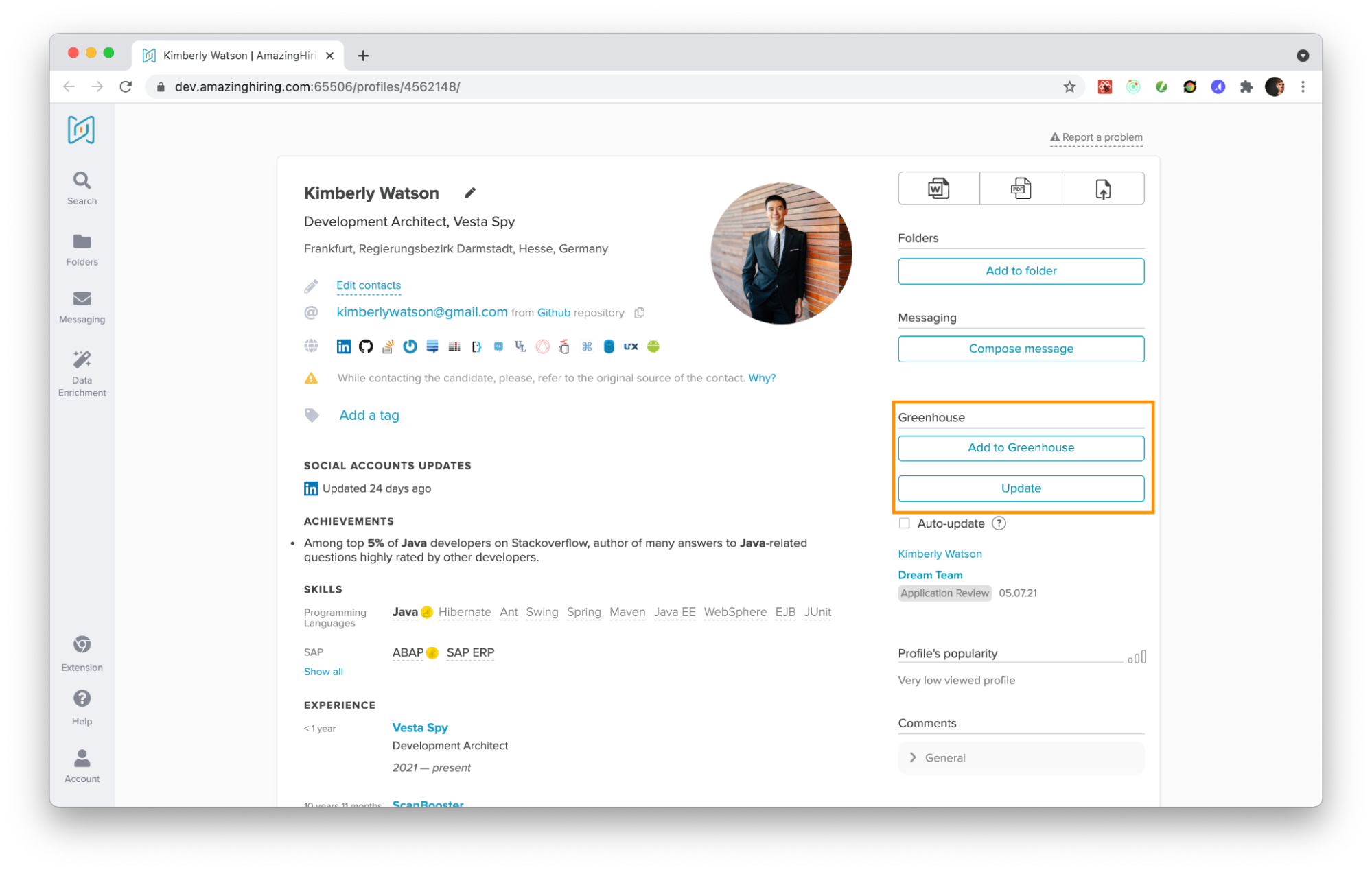 Greenhouse Recruiting section in the candidate profile