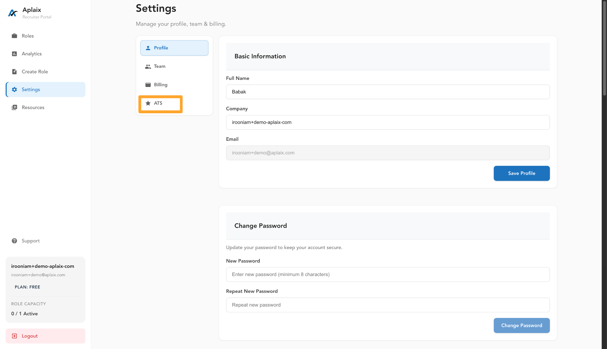 Aplaix ATS menu option