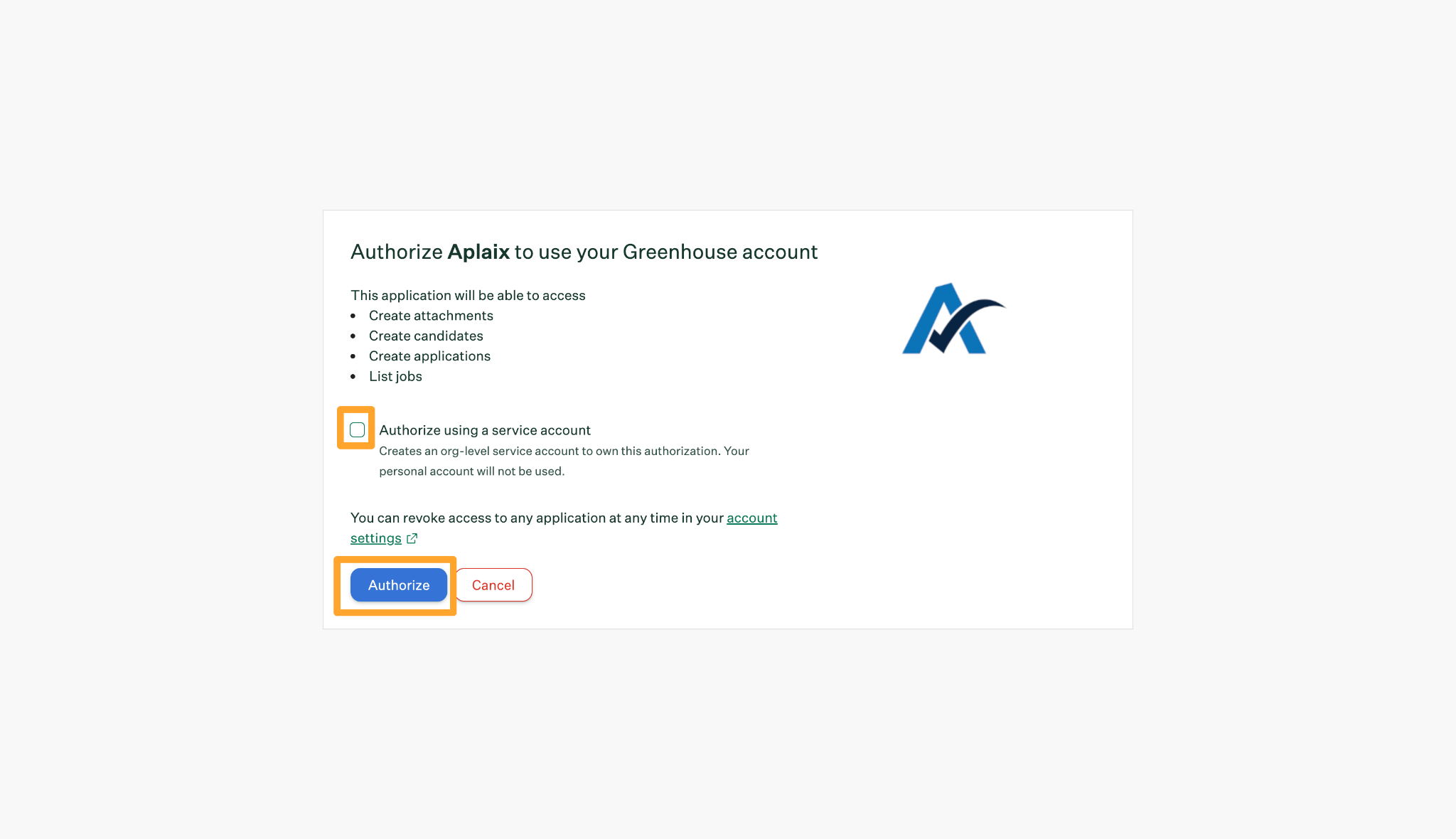 Authorize using a service account checkbox