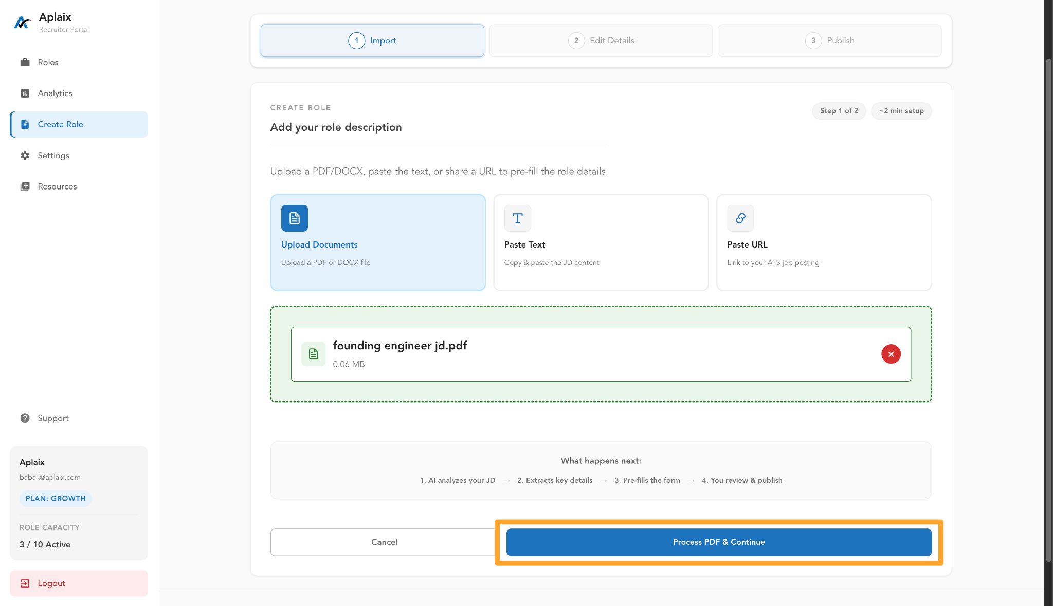 Process PDF and Continue button