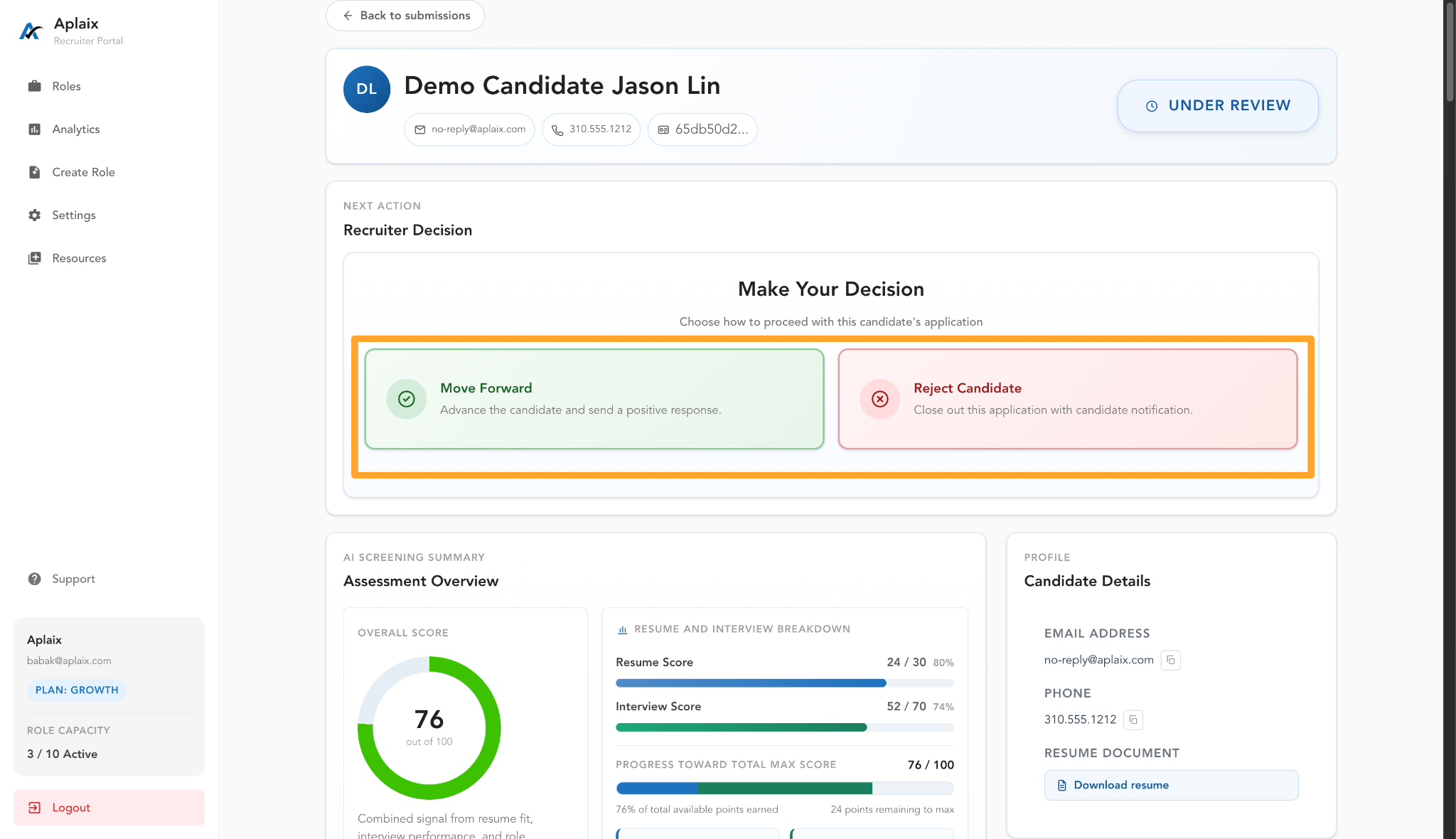 Move Forward or Reject submission options