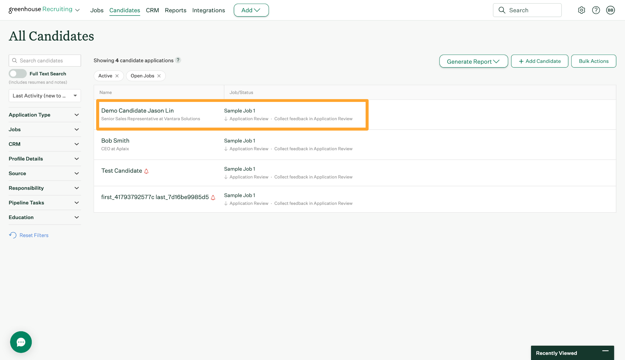 Candidates list in Greenhouse dashboard