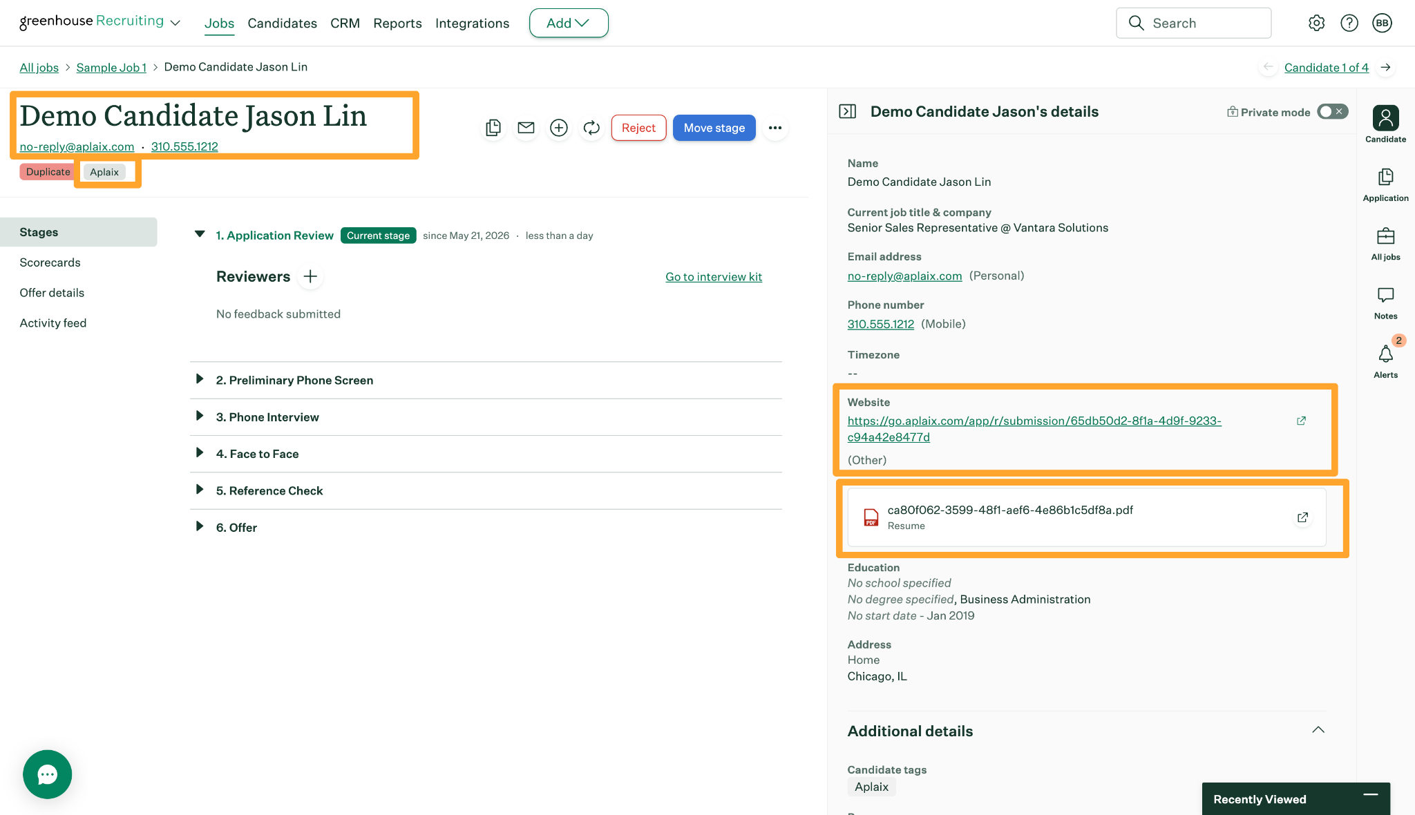Aplaix information on candidate profile in Greenhouse
