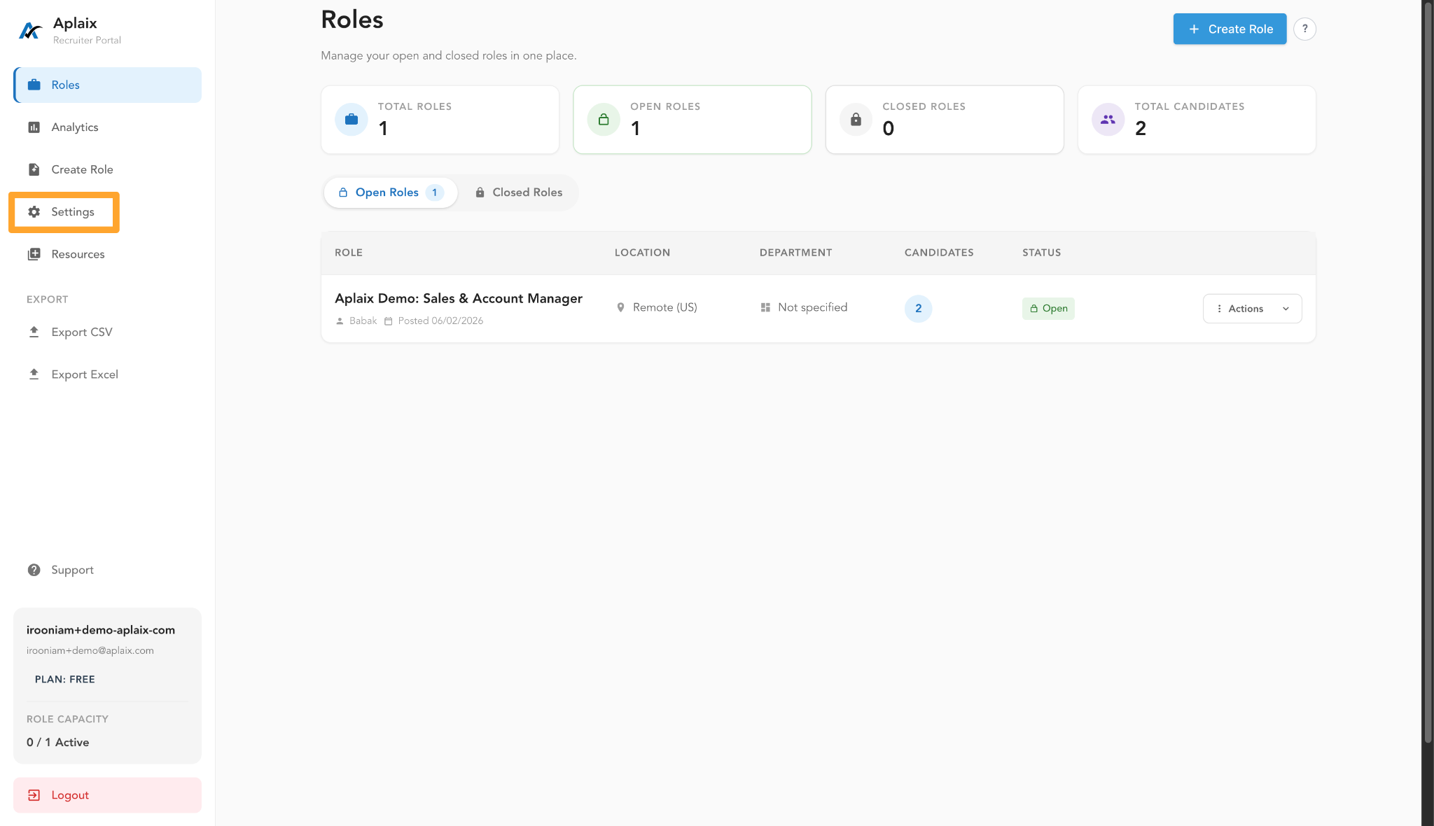 Aplaix Dashboard Settings option