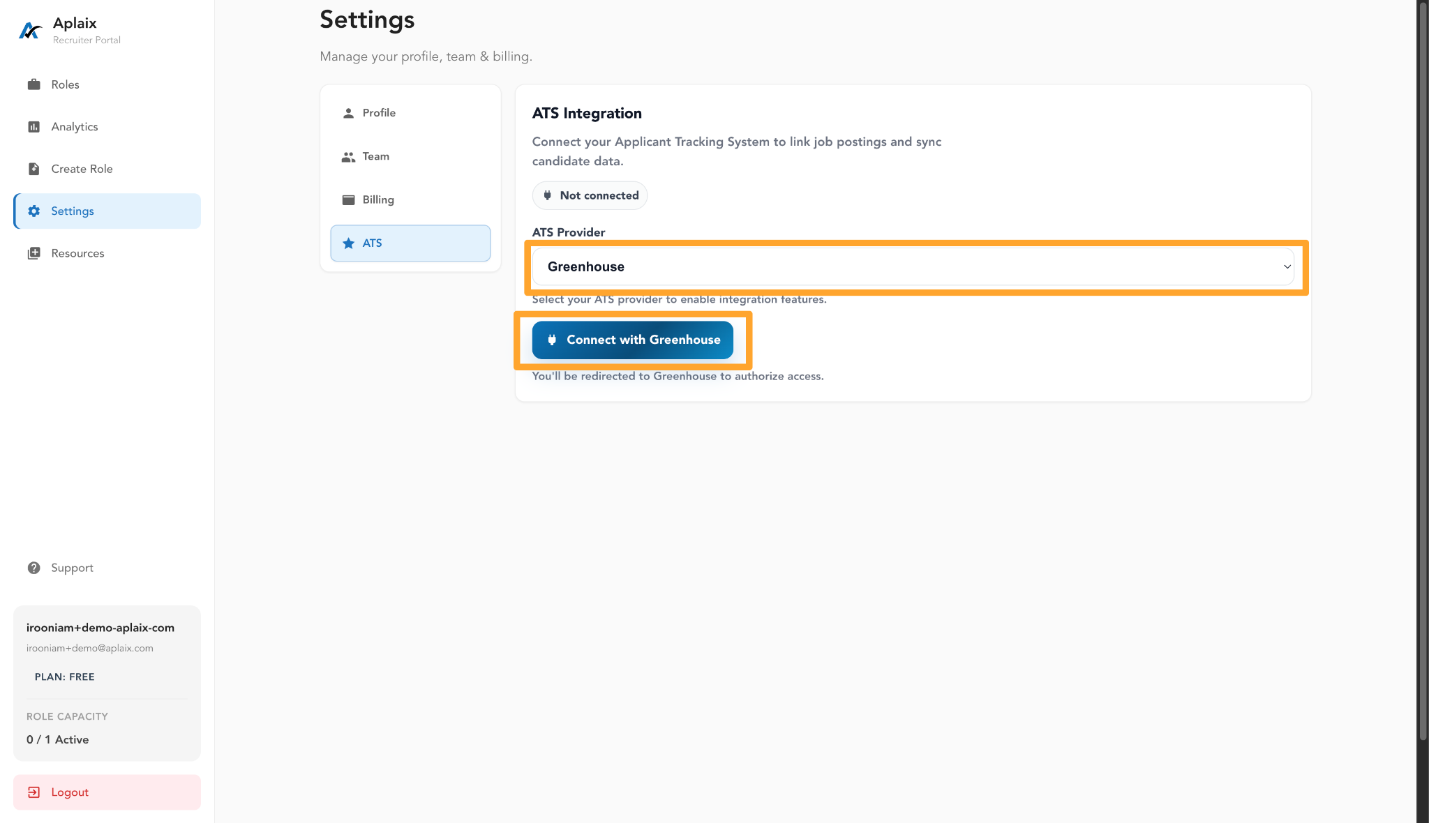 Greenhouse selected from ATS provider dropdown