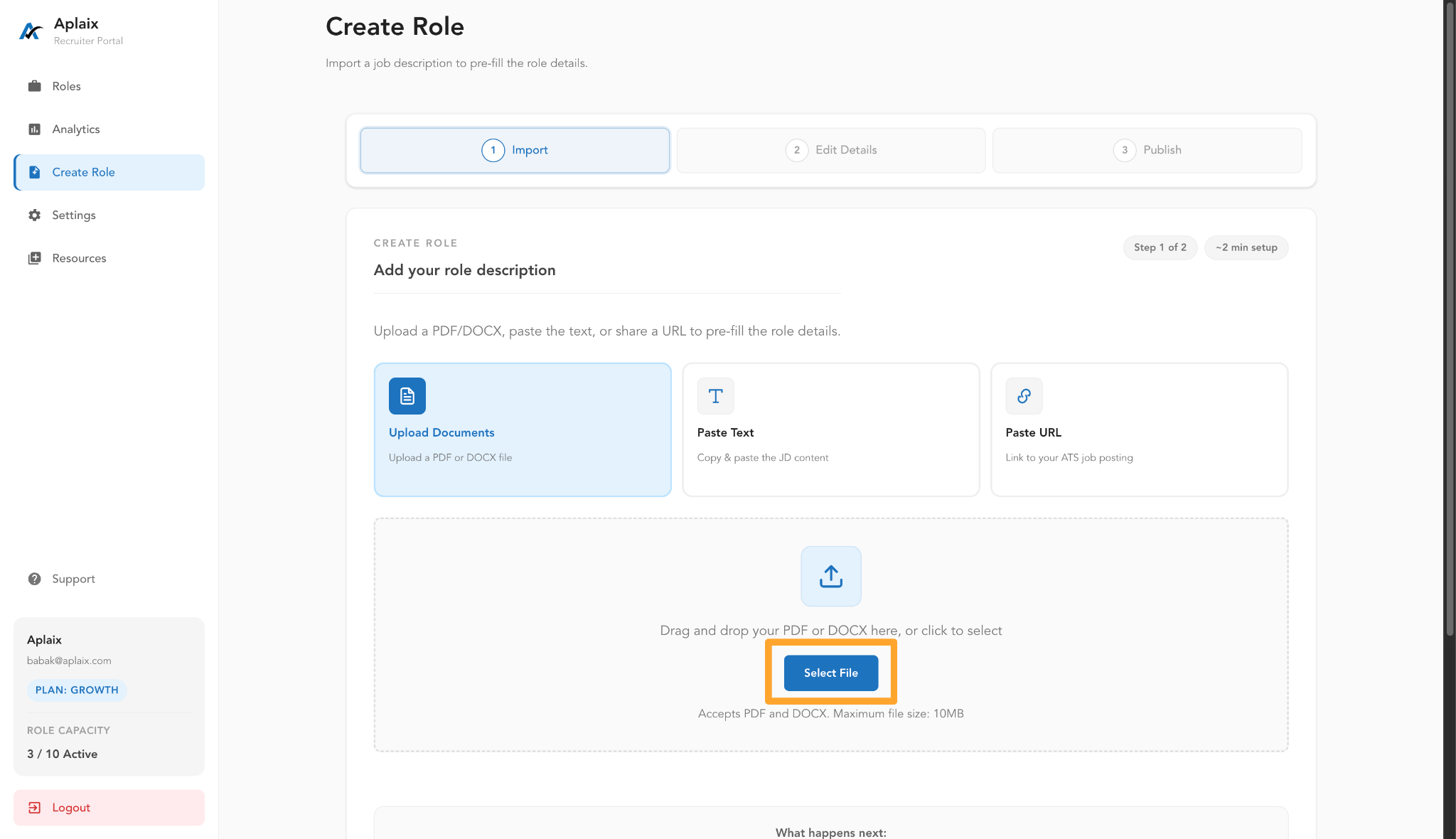 Select JD doc, text, or URL to create role