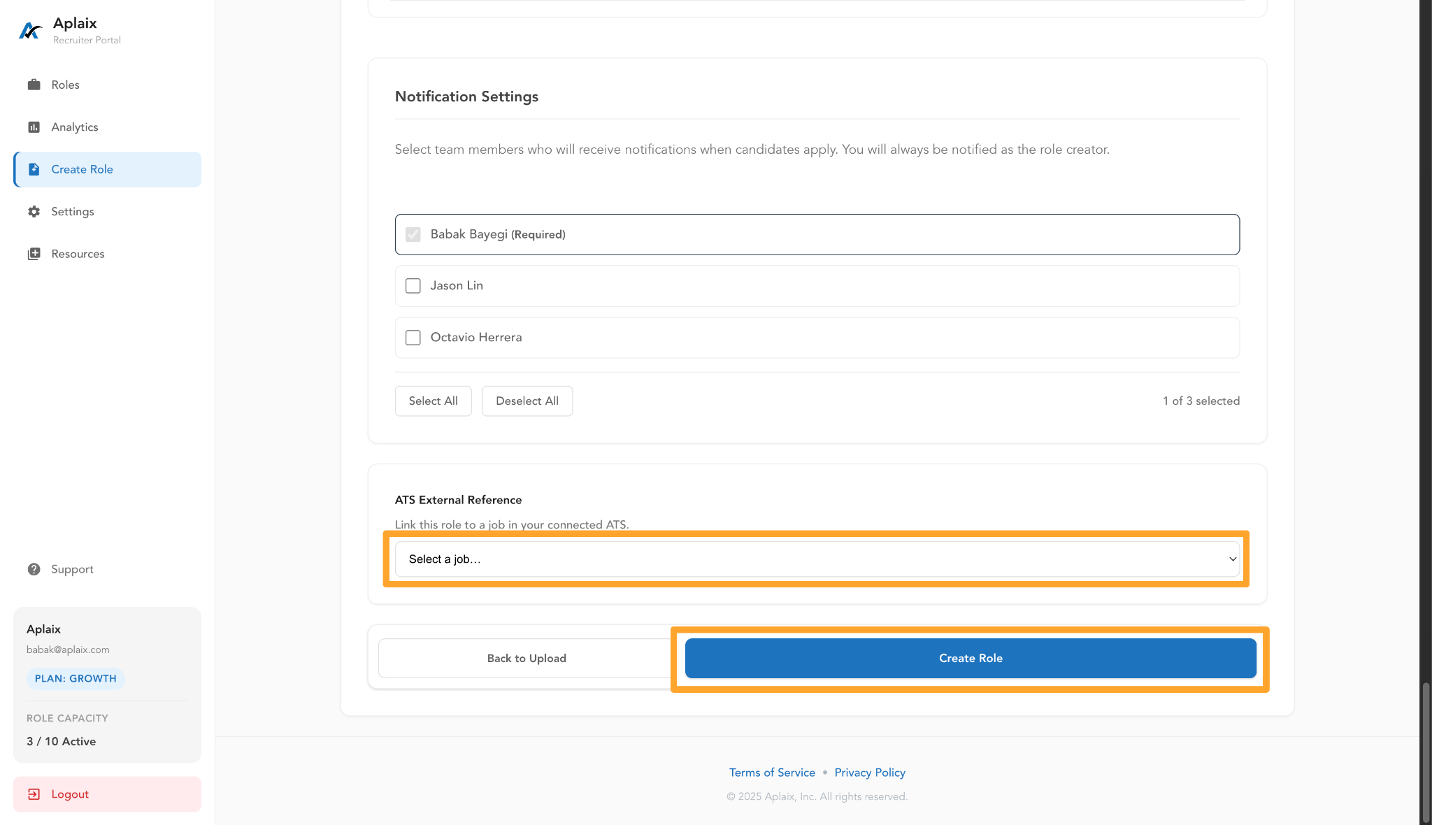 Choose job from Greenhouse dropdown and Create Role