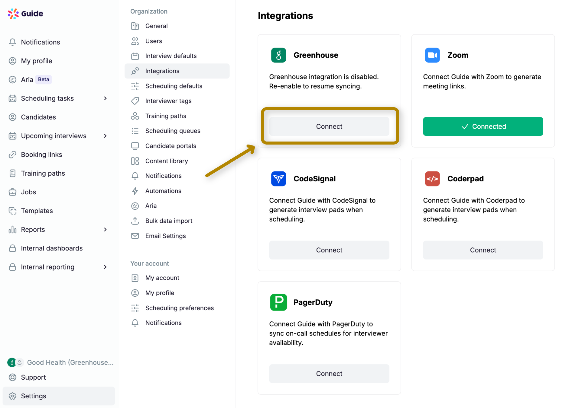 Greenhouse integration tile in Guide's Integrations settings