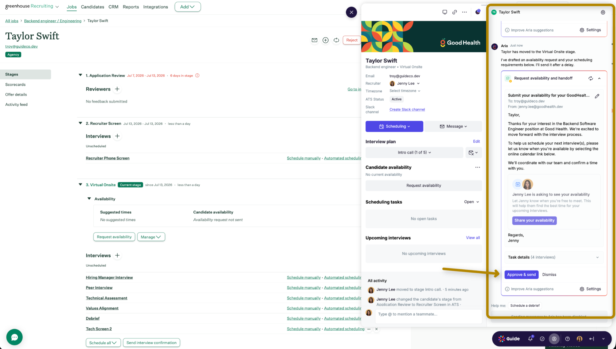 Aria scheduling request created in Guide for a panel interview