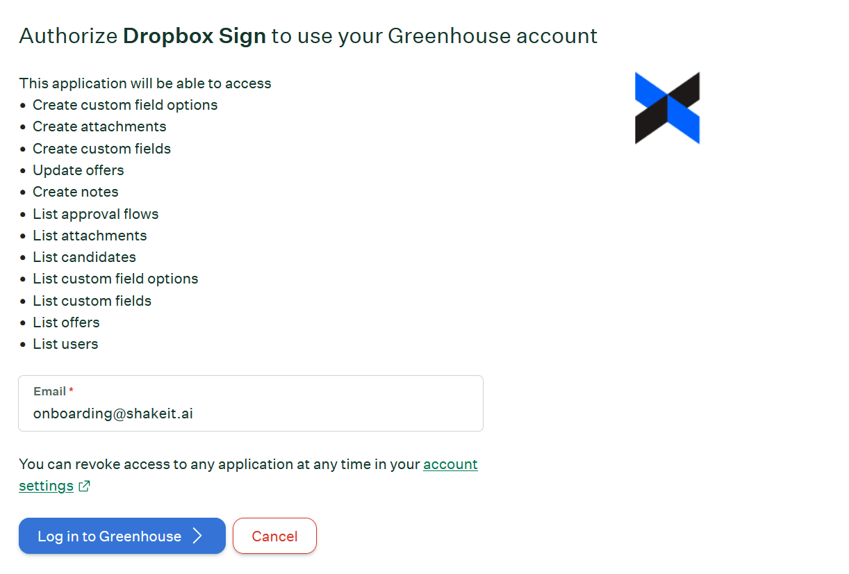 Greenhouse authorization page