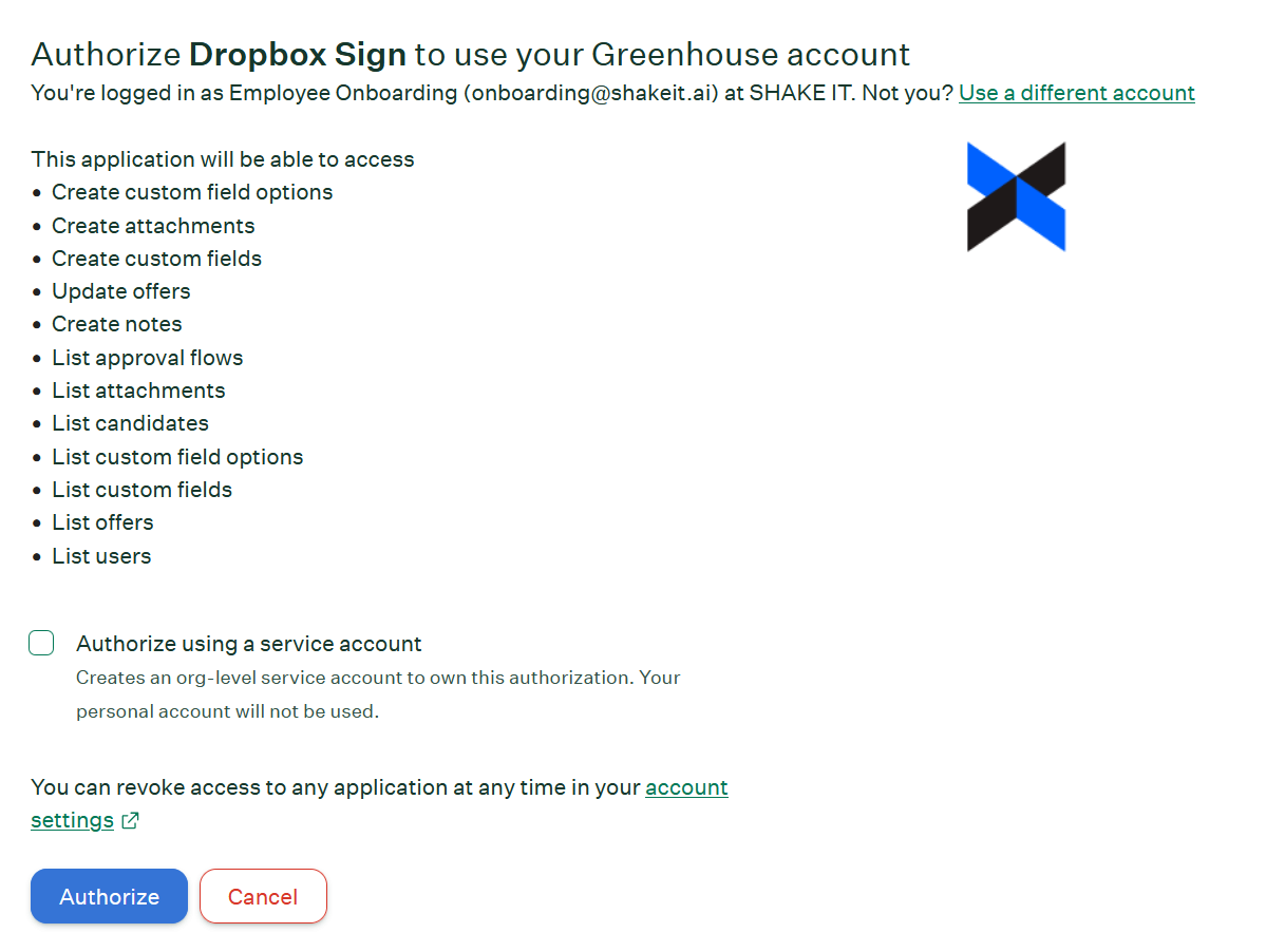 Greenhouse authorize screen with service account checkbox