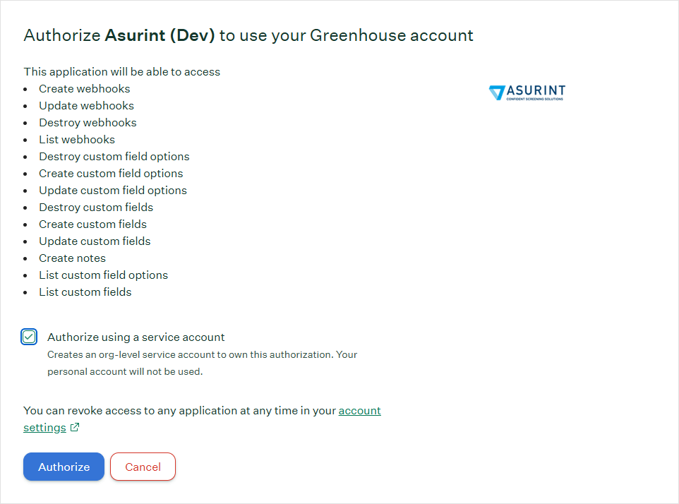 Greenhouse authorize screen with service account checkbox