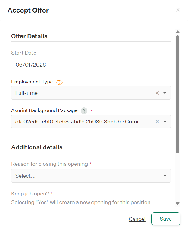 Candidate fields for Start Date, Employment Type, and Asurint Background Package