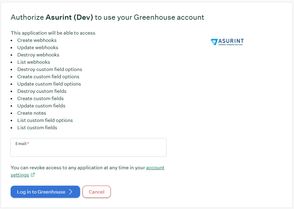 Greenhouse login screen