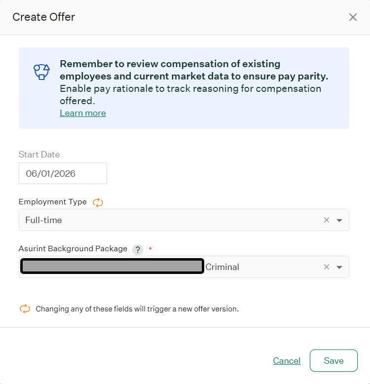 Offer fields including Asurint Background Package