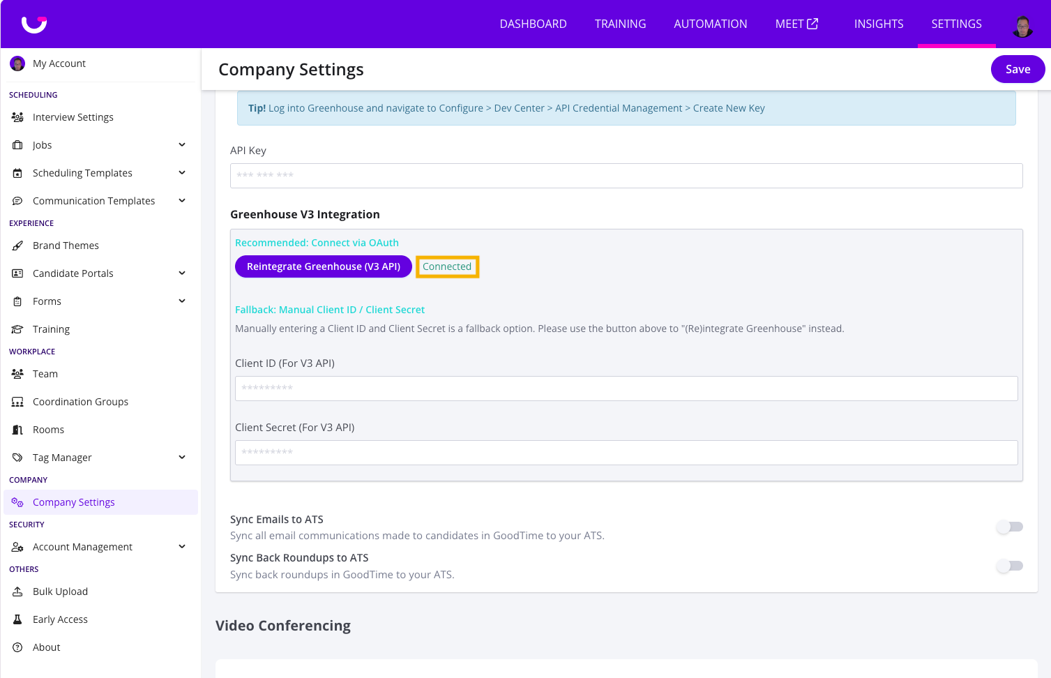 GoodTime Company Settings page after redirect