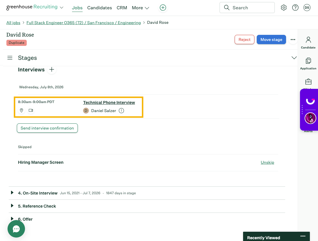 Newly scheduled interview shown in Greenhouse candidate application