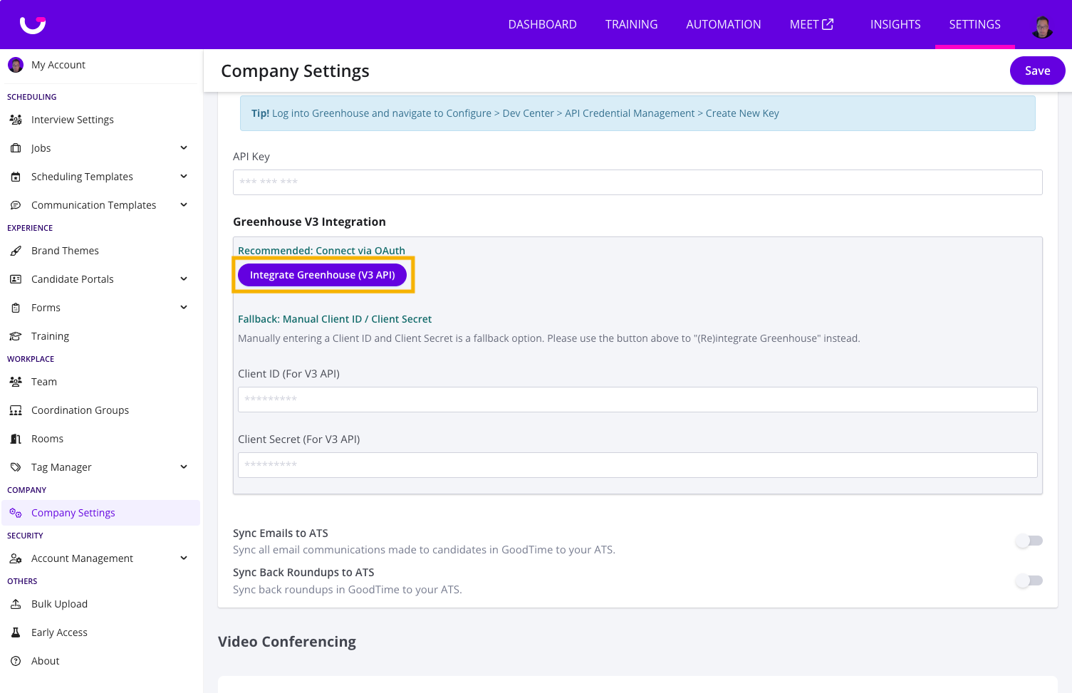 Integrate Greenhouse (V3 API) button in GoodTime Company Settings