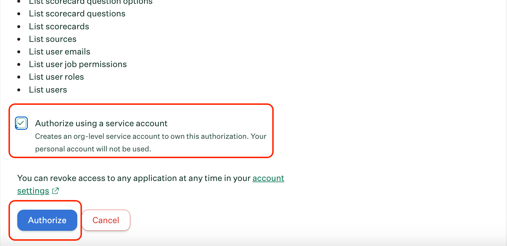 Greenhouse authorize screen with service account checkbox