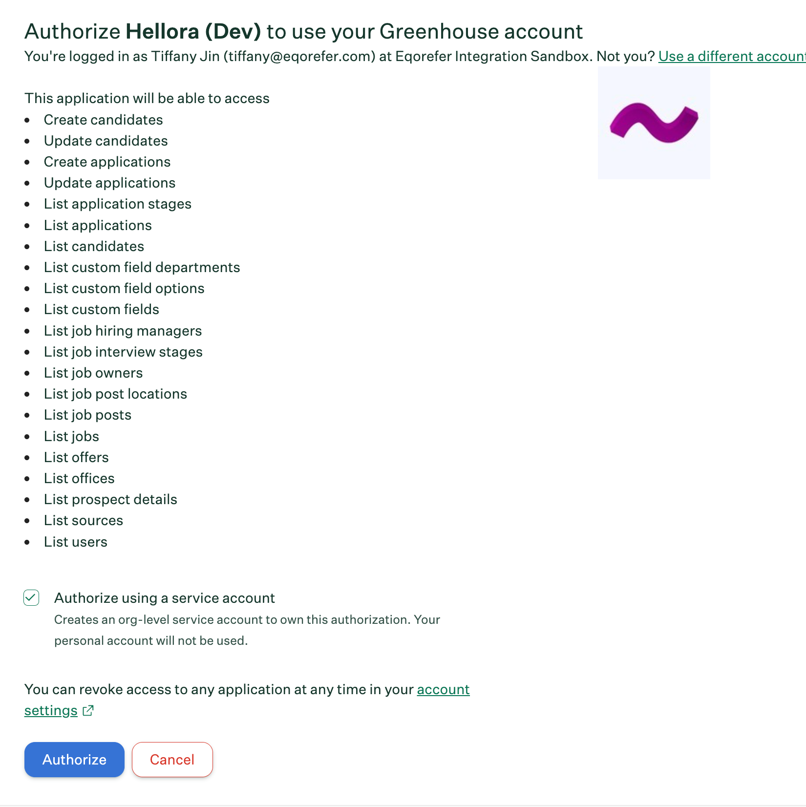 Greenhouse authorize screen with service account checkbox