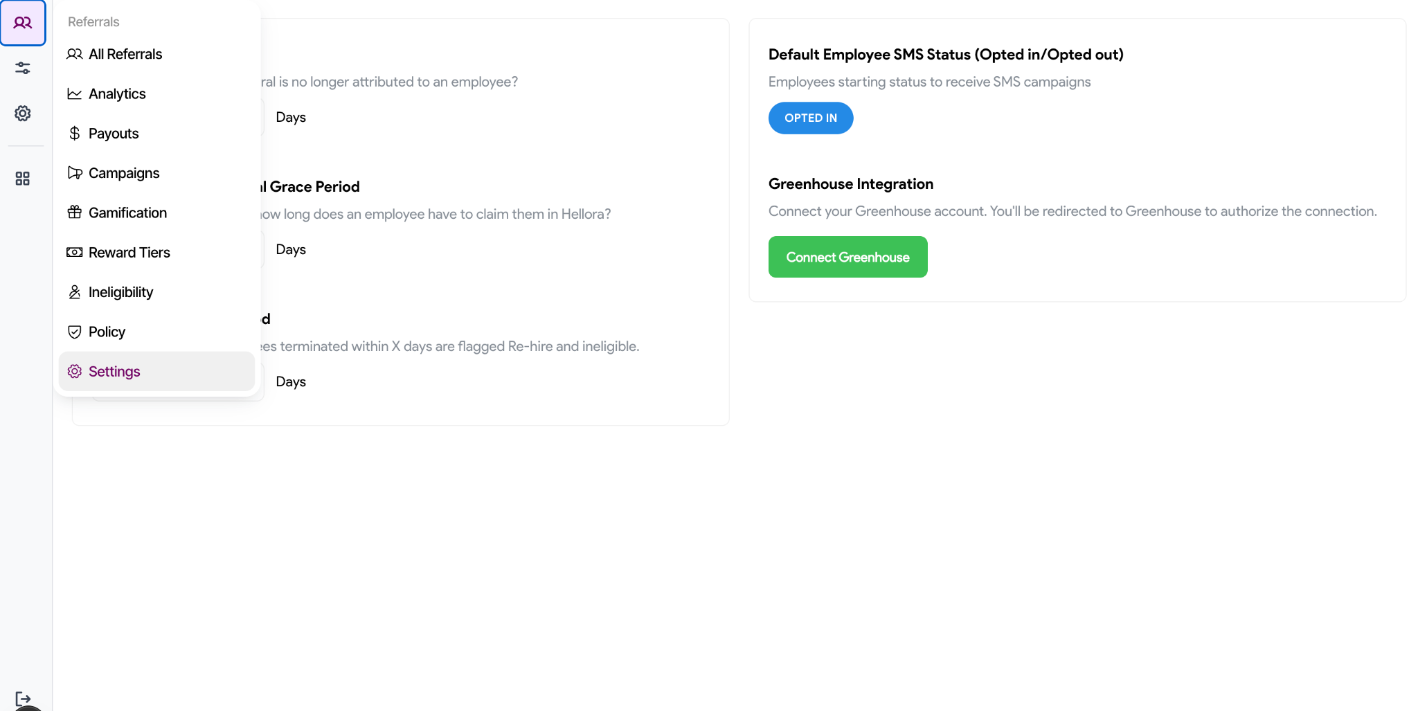 Referrals Settings page in Hellora