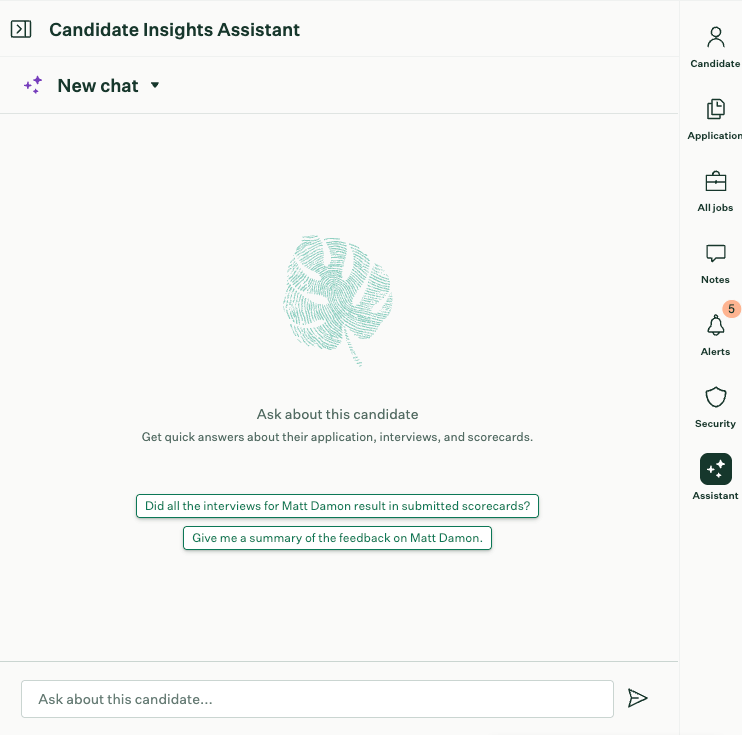 Candidate Insights Assistant panel open on a candidate profile showing the Ask about this candidate empty state