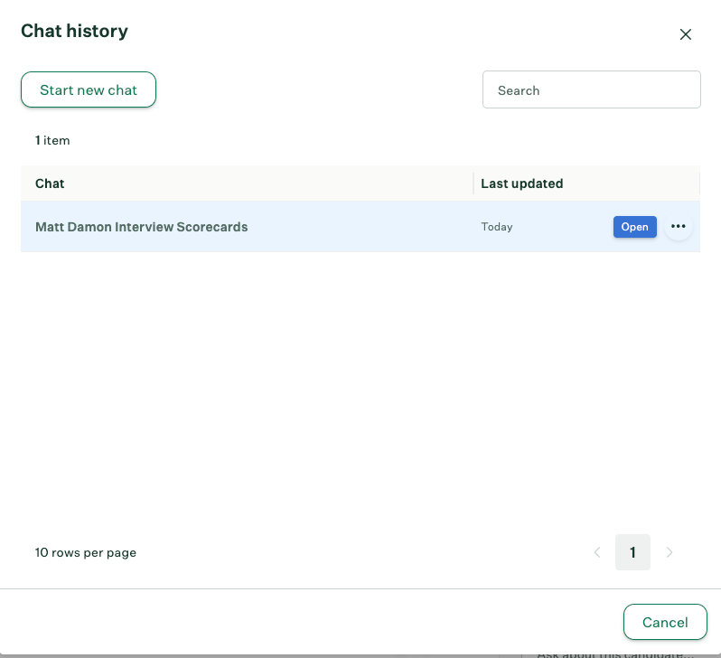 Candidate Insights Assistant chat history panel showing saved chats with rename and delete options