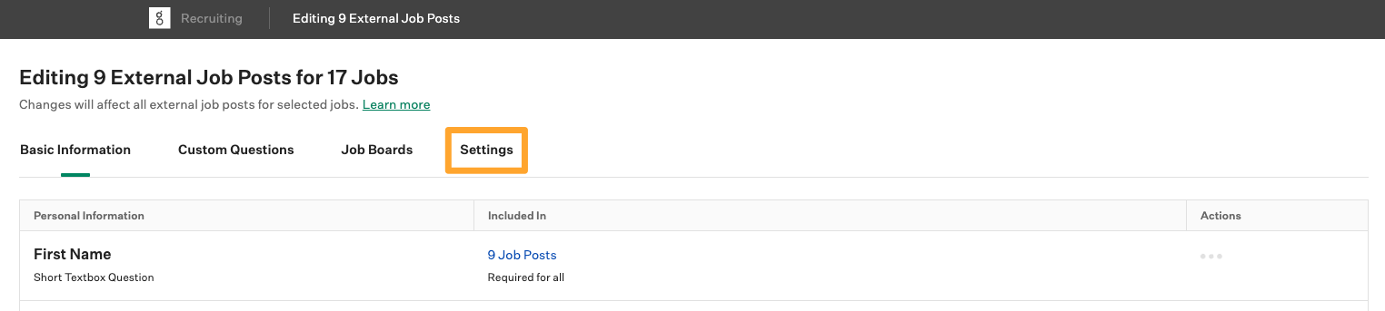 Screenshot of Bulk Settings