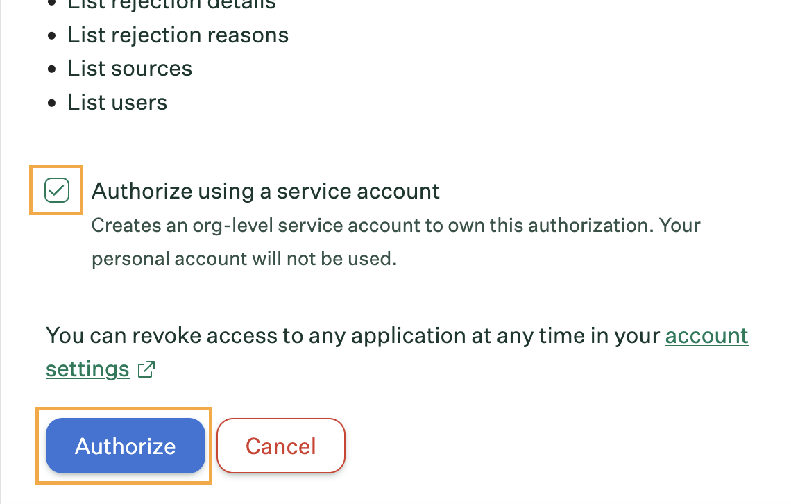 Requested permissions and authorization method screen