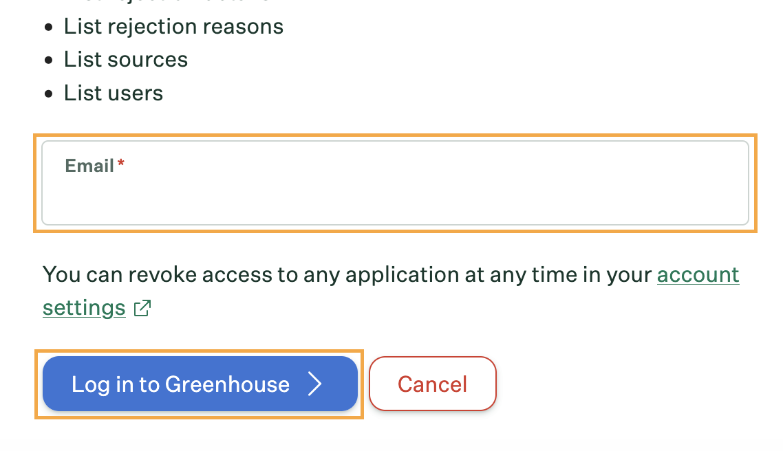 Greenhouse login screen