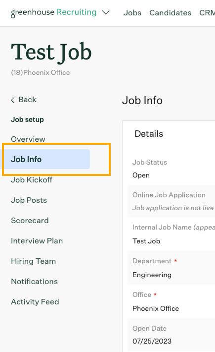 The Job Setup sidebar with Job Info highlighted.