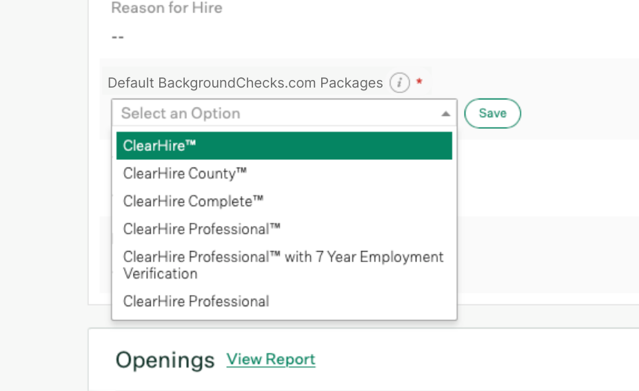 The Details section of Job Info with the Default BackgroundChecks.com Packages dropdown open, showing report package options.