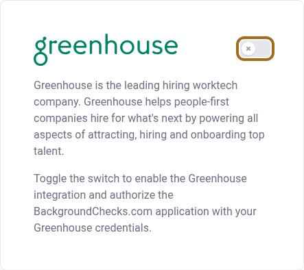 The Greenhouse card on the Partner Integrations page before connecting, with the toggle switch highlighted.