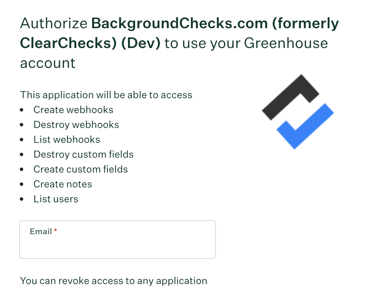 Greenhouse's OAuth authorization screen, listing the permissions BackgroundChecks.com is requesting and an email field to sign in.