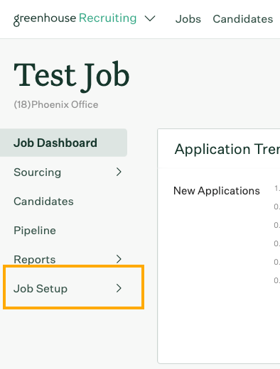 A Greenhouse job page with the Job Setup link highlighted in the sidebar.