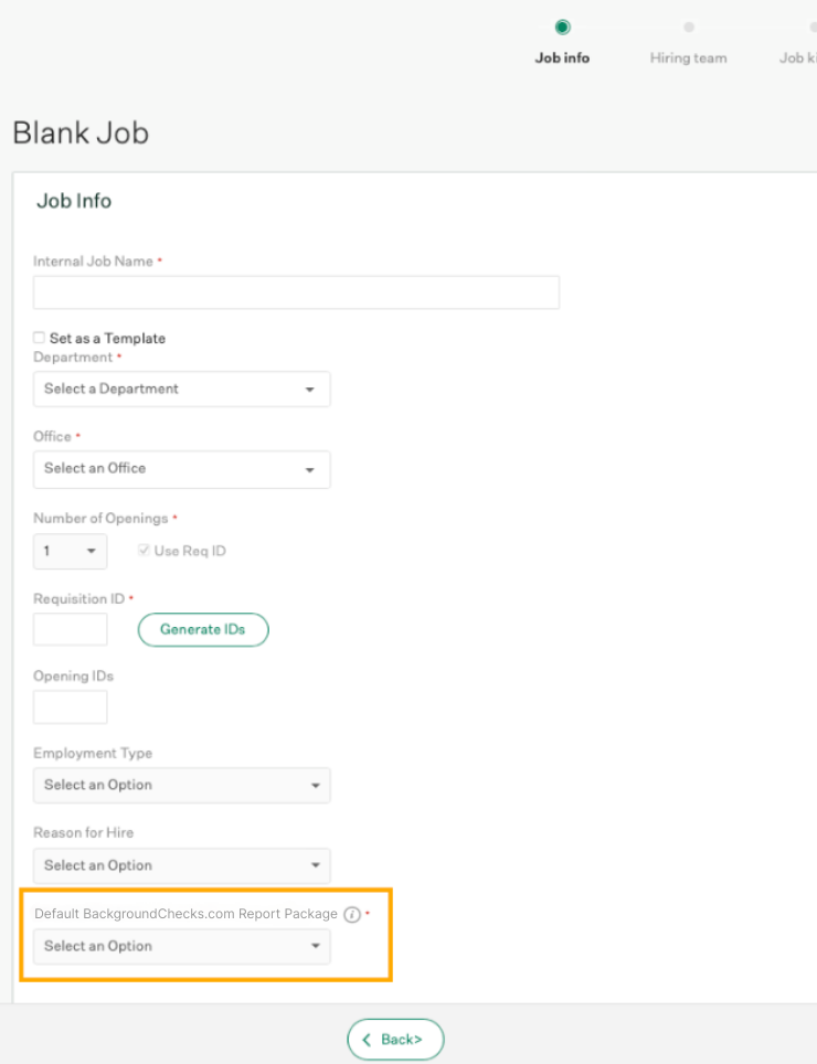 The Job Info step of new job creation with the Default BackgroundChecks.com Report Package field highlighted.