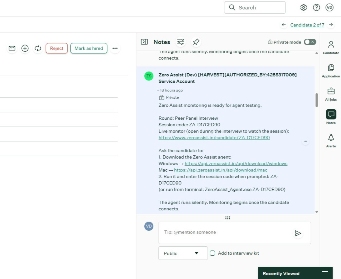 Greenhouse activity feed - setup note with session code and agent download links