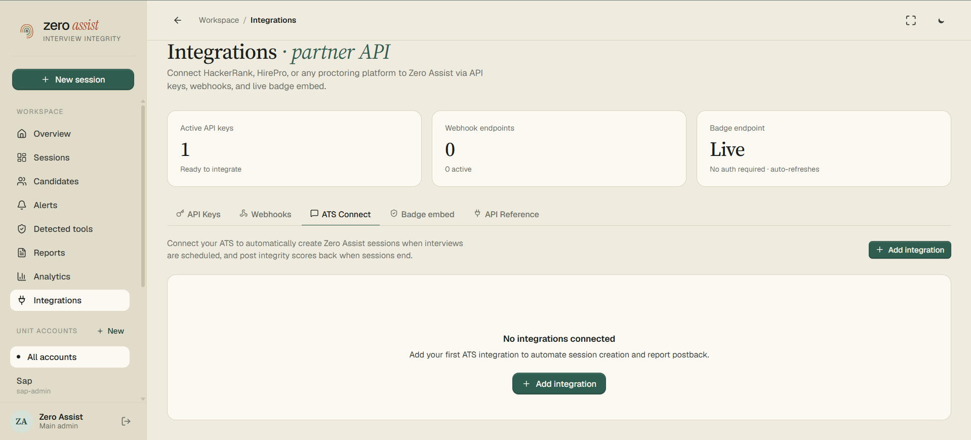 Zero Assist dashboard - Integrations, ATS Connect tab