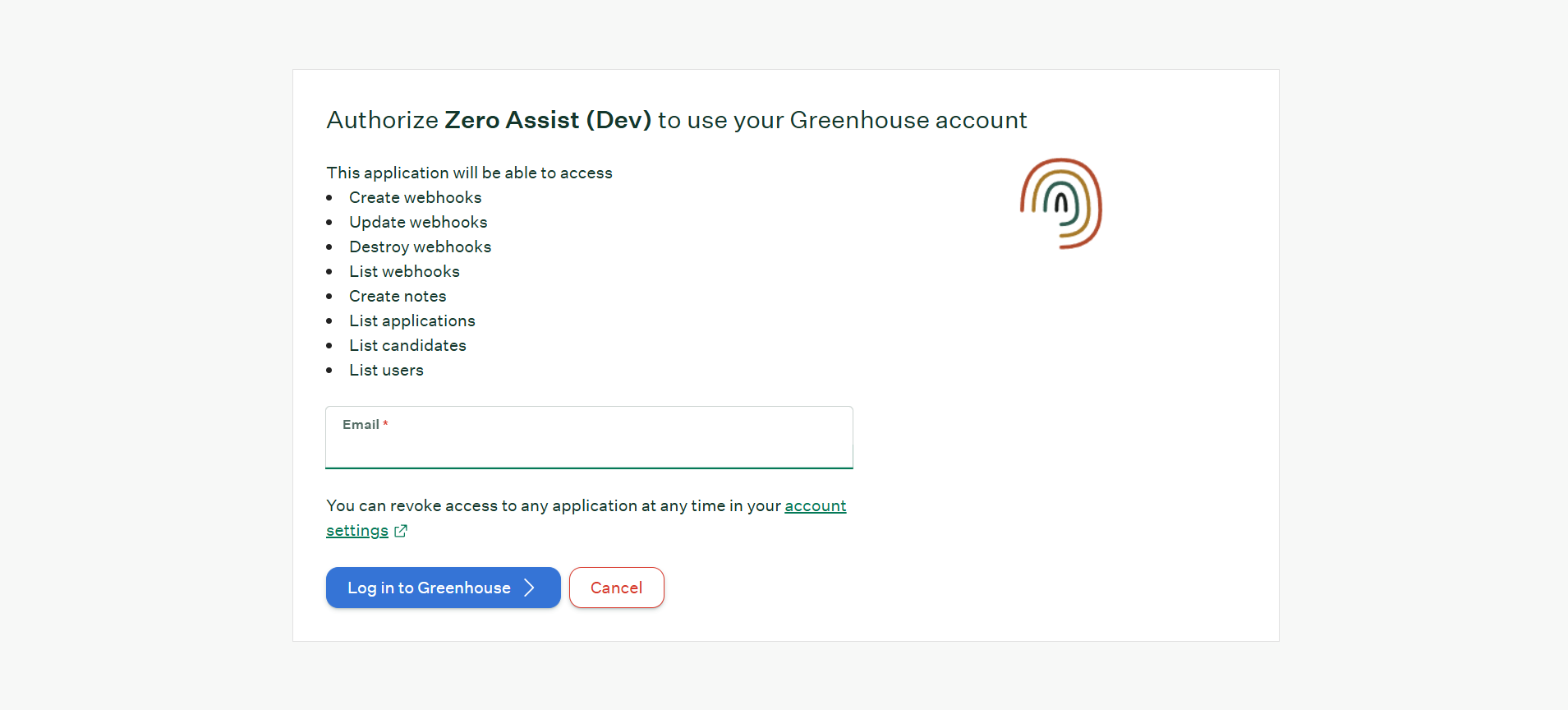 Greenhouse authorization screen showing the requested permissions