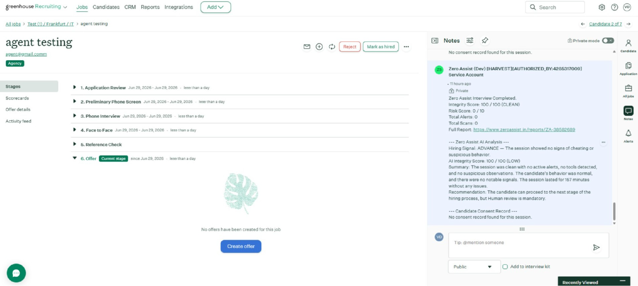 Greenhouse activity feed - results note with Integrity Score and report link