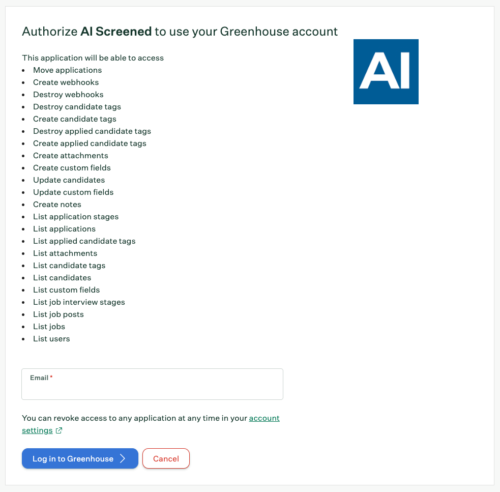 Greenhouse authorization screen for the AI Screened integration