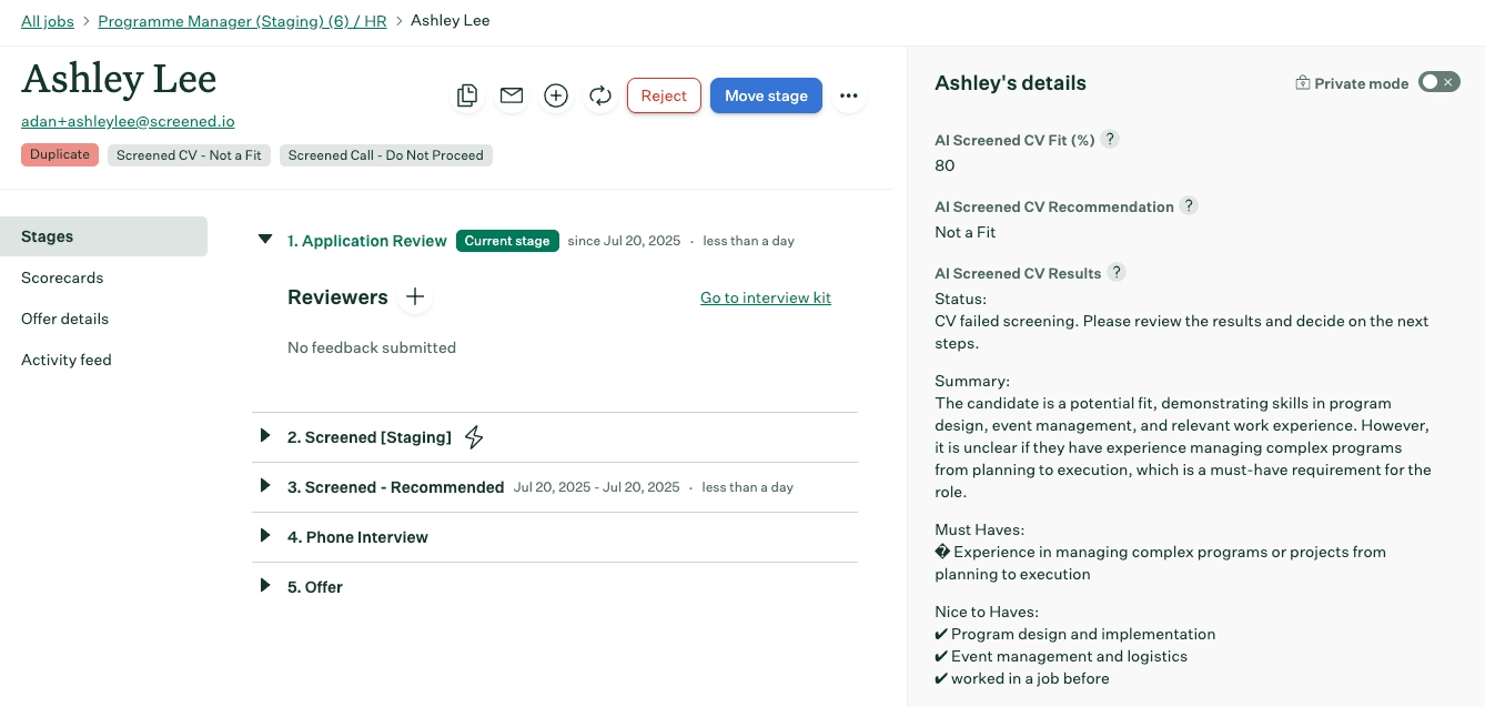 Greenhouse candidate profile showing AI Screened resume fields and tags