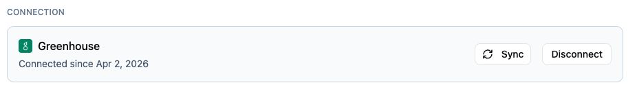 Connected Greenhouse card with Sync and Disconnect actions