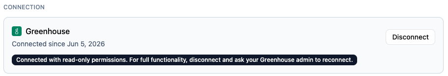 Limited-permissions warning on the Greenhouse connection card