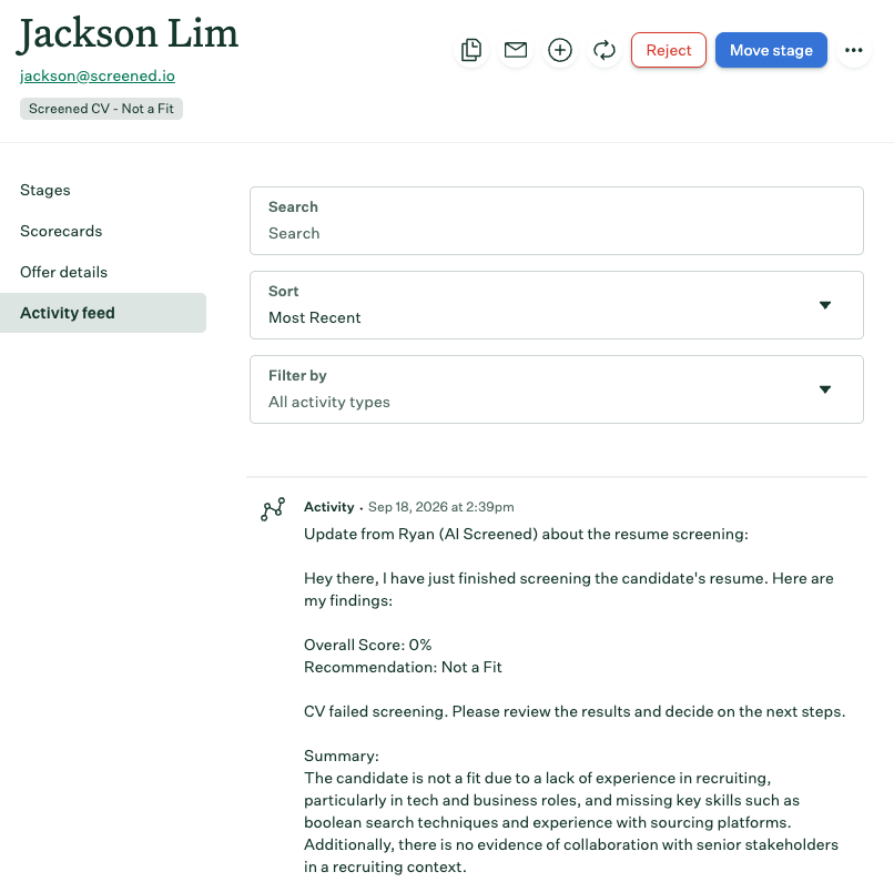 Greenhouse candidate Activity feed showing an AI Screened note