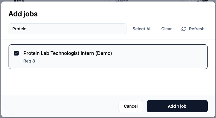 Add jobs modal with a Greenhouse job selected