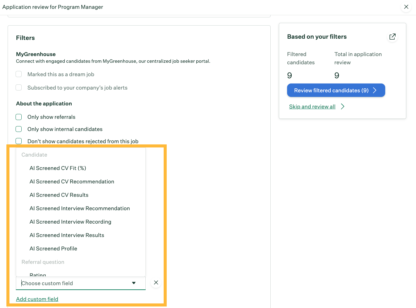 Greenhouse filters panel showing AI Screened custom fields
