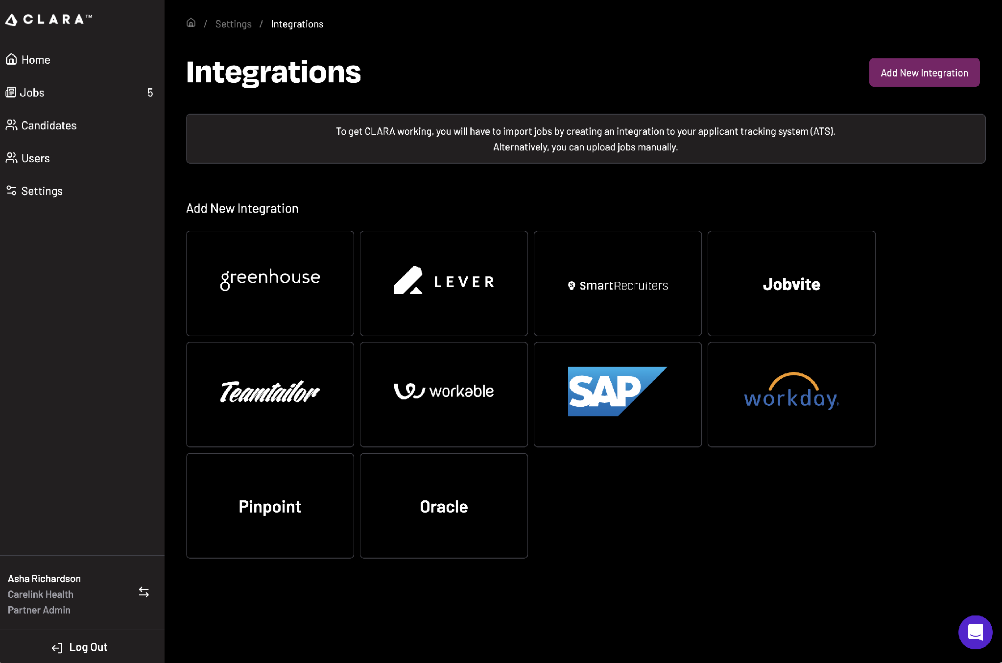 CLARA Integrations page showing Greenhouse in the list of available integrations